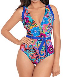 Skinny Dippers Tapestry Cinch Ruffle Sleeve One Piece Swimsuit 6540338